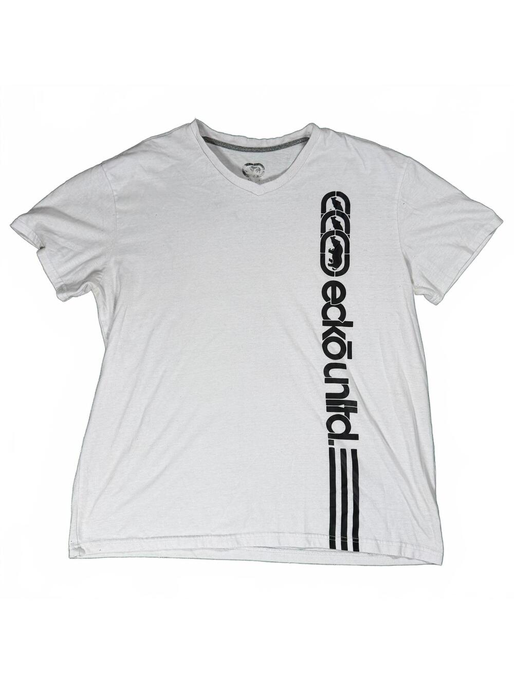 Y2K Ecko Unltd Men's White V-Neck T-Shirt with Black Vertical Logo Print Large
